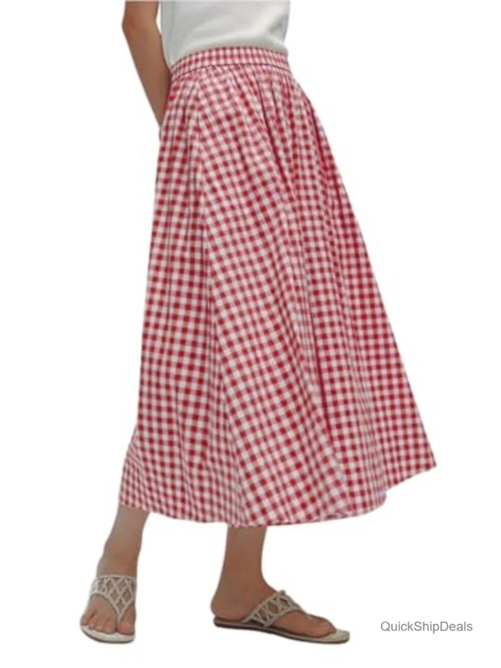 Women's Wide Leg Gingham Capri Pants, Elastic Waist Palazzo Culottes with